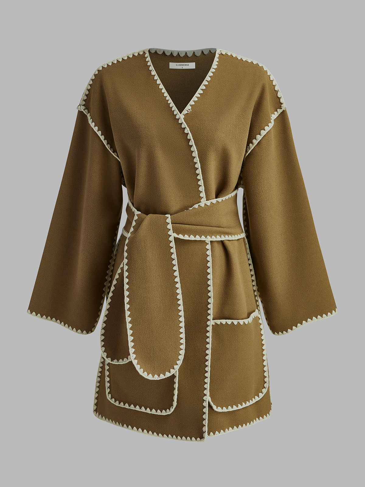 Embroidered Piping Wide Belted Coat