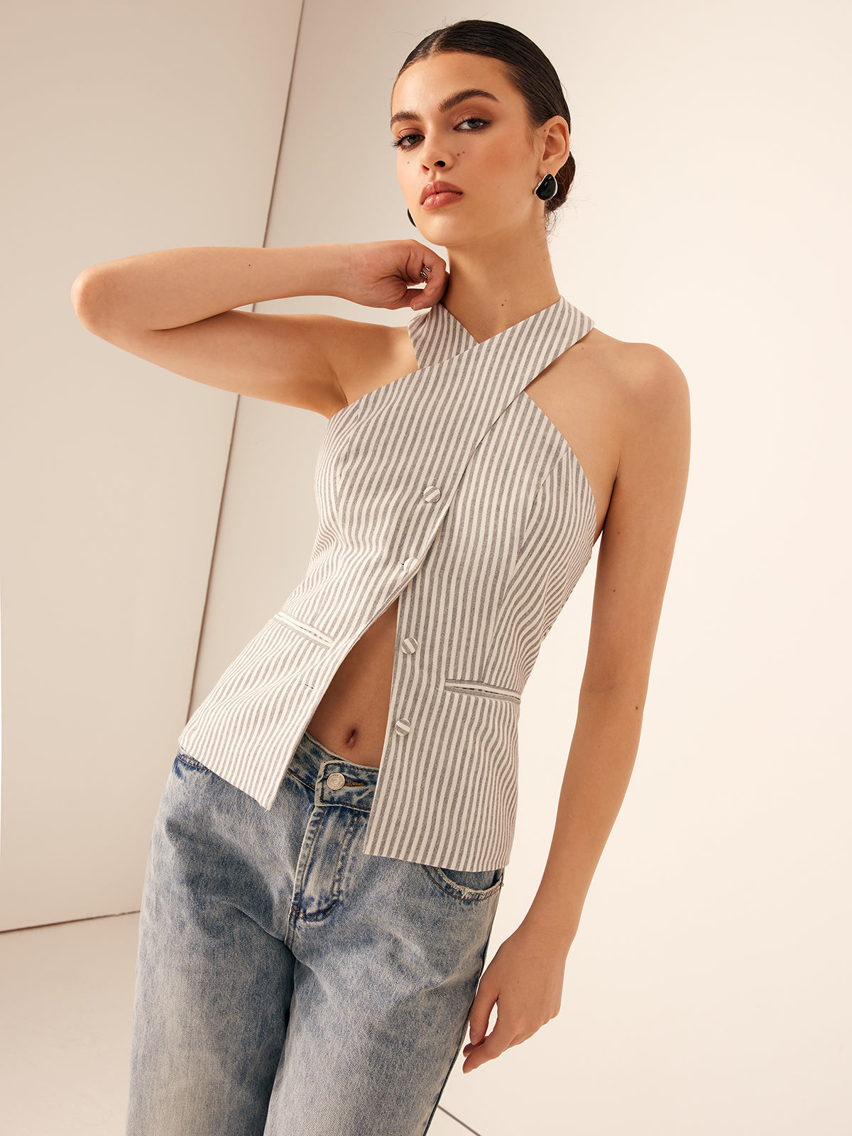 Cotton & Linen Pinstripe Slim Halter Top