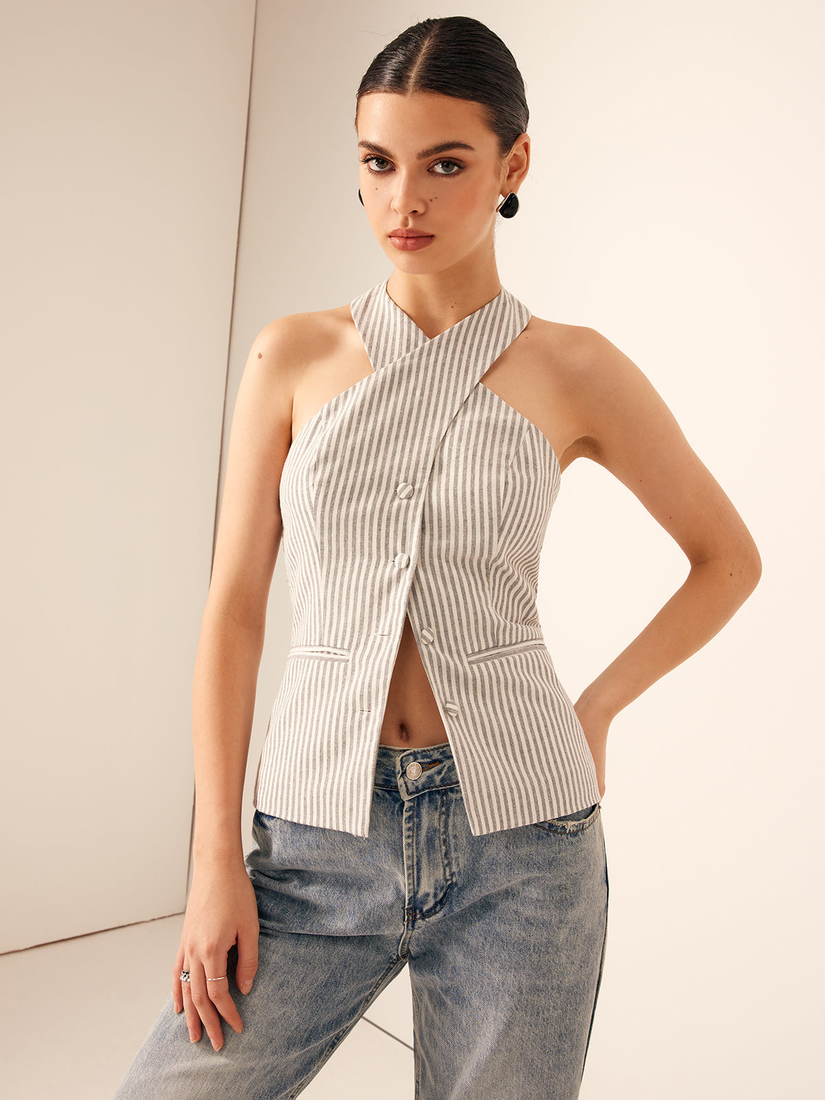 Cotton & Linen Pinstripe Slim Halter Top