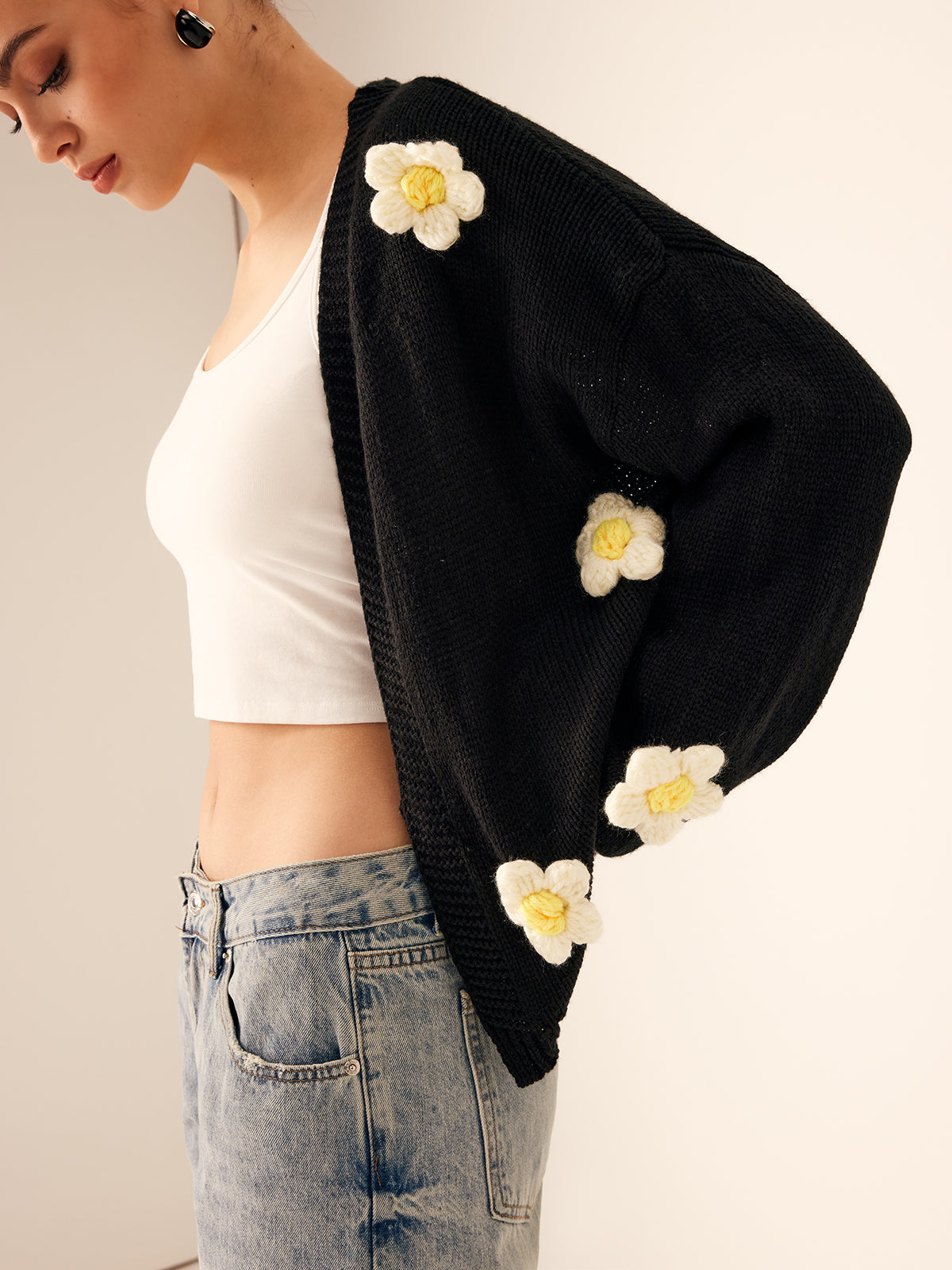 3D Embroidered Flower Lantern Sleeve Cardigan