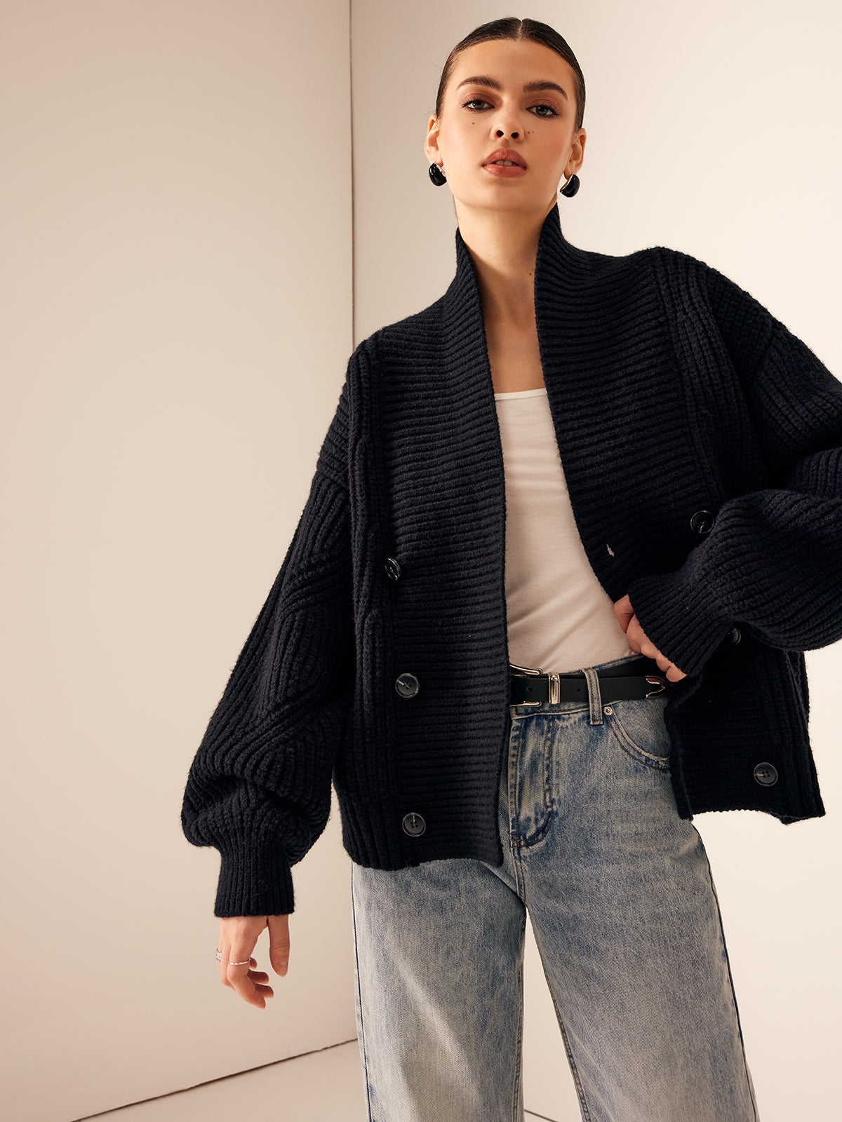 Ribbed Lapel Button Knit Outerwear