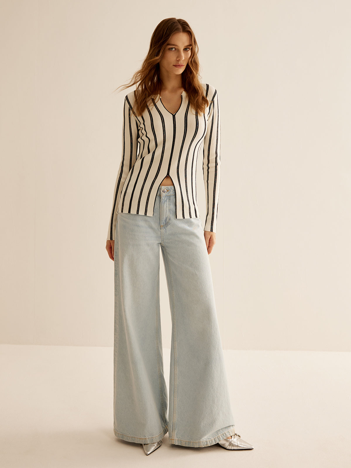 Split Pinstripe Slim Knit Top