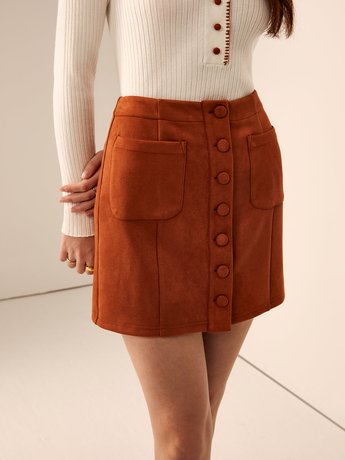 Breasted Pockets Faux Leather Skirt