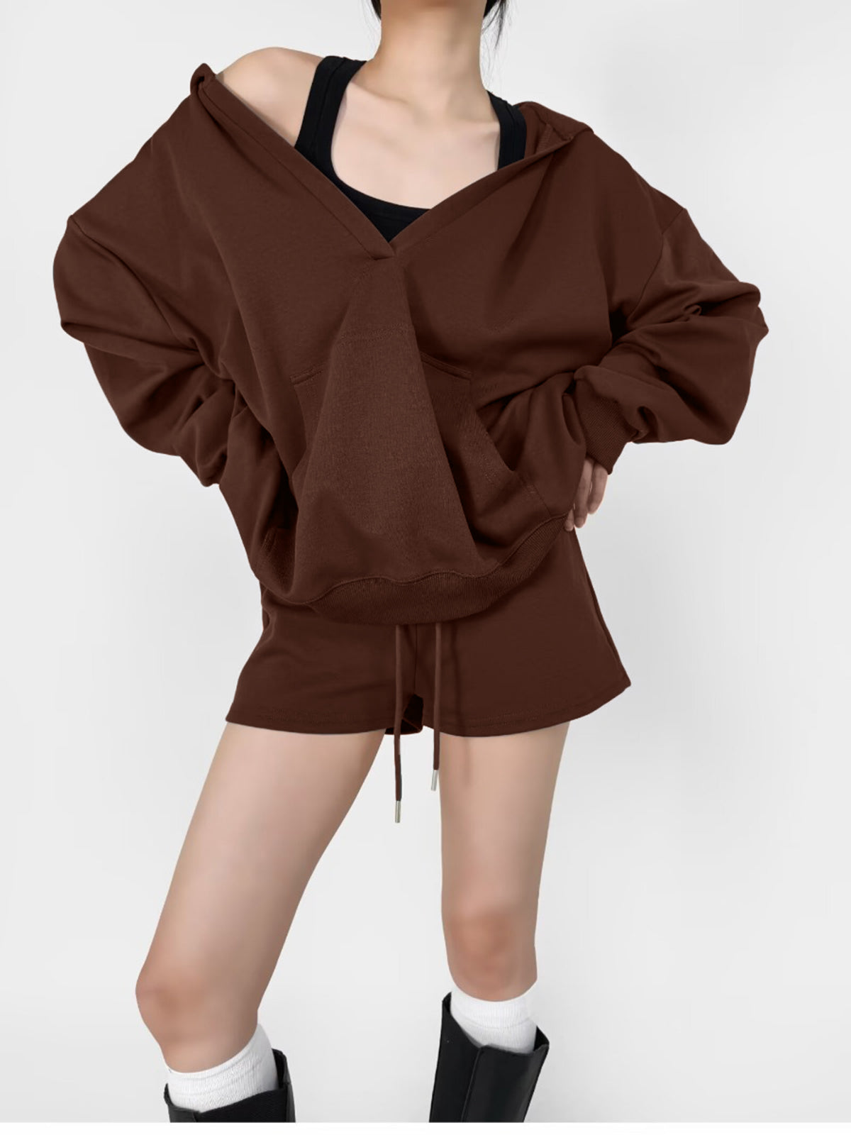 V-Neck Oversized-Pocket Hoodie