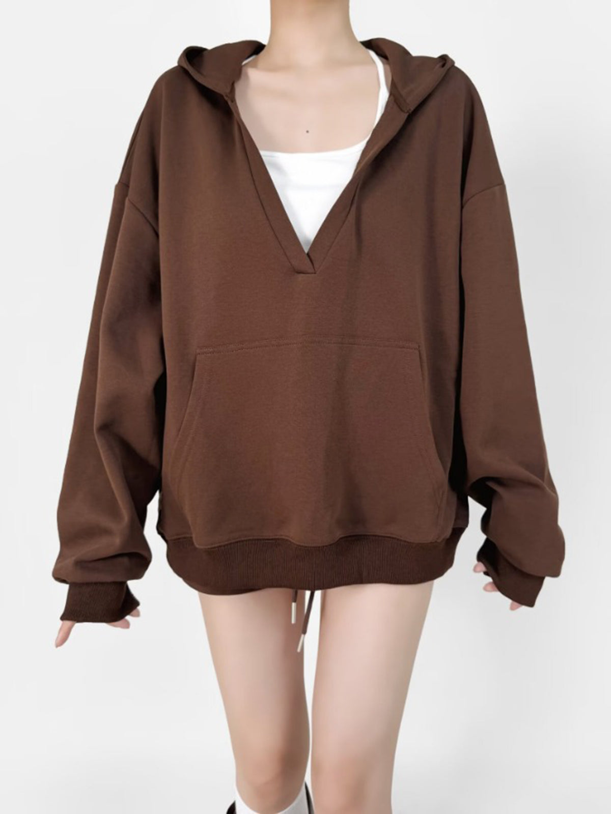 V-Neck Oversized-Pocket Hoodie