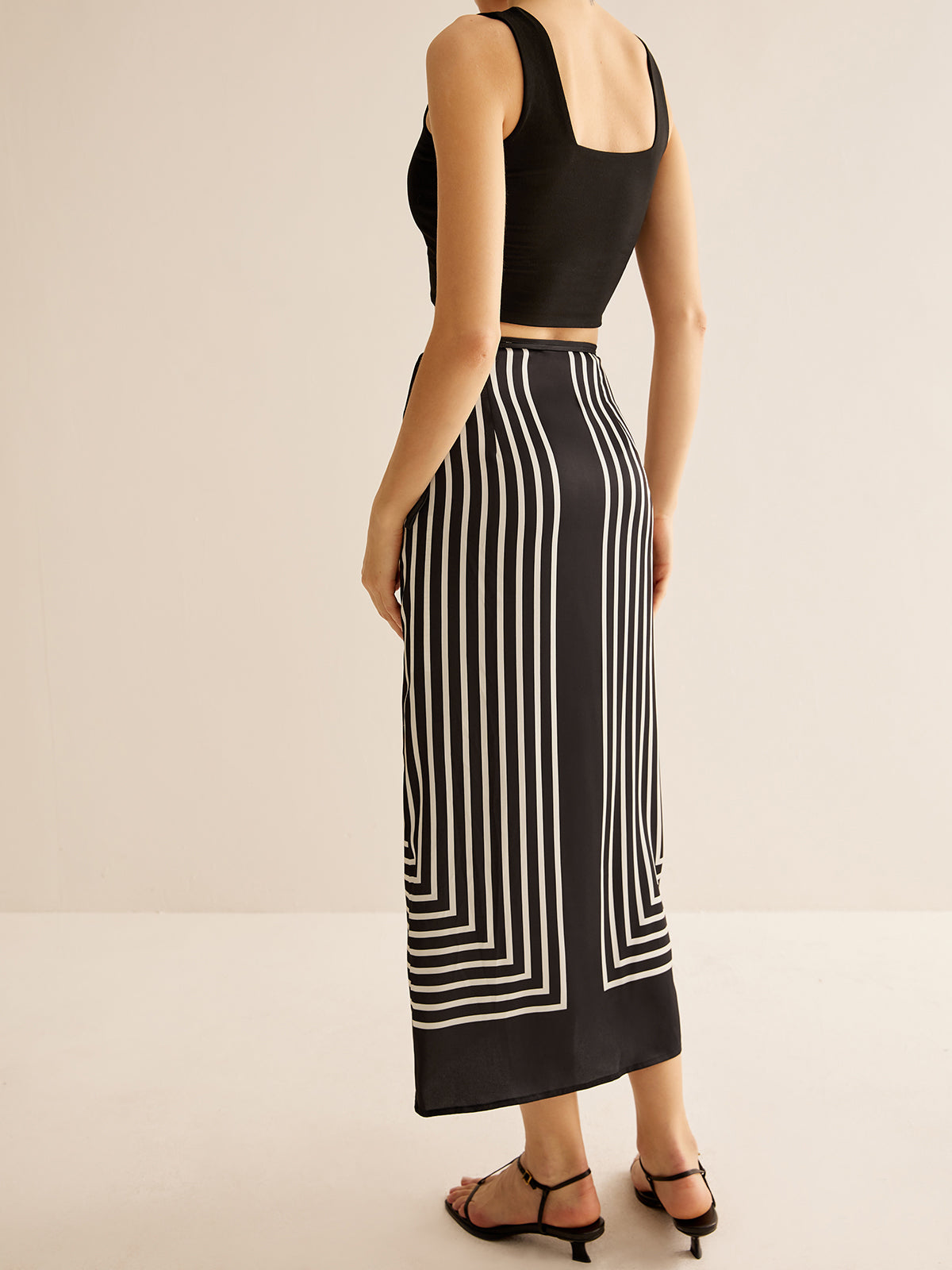 Geometric Pinstripe Satin Wrap Tie Skirt