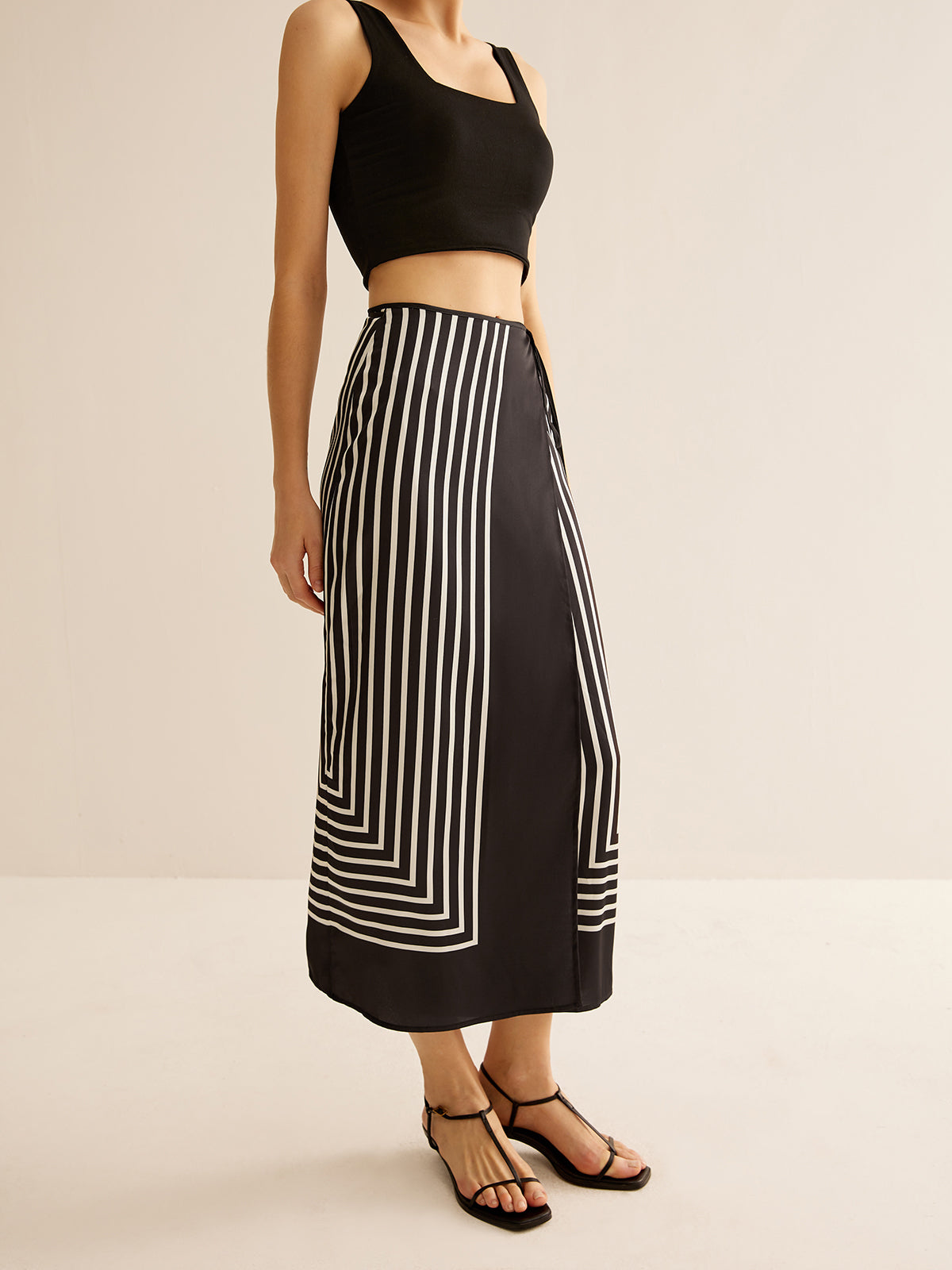 Geometric Pinstripe Satin Wrap Tie Skirt