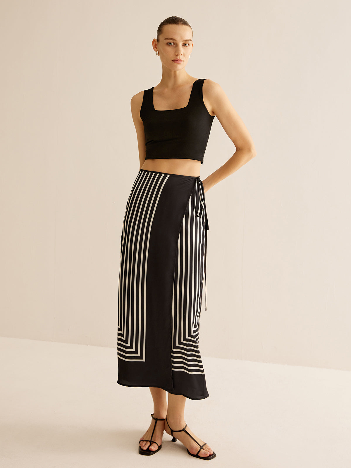 Geometric Pinstripe Satin Wrap Tie Skirt