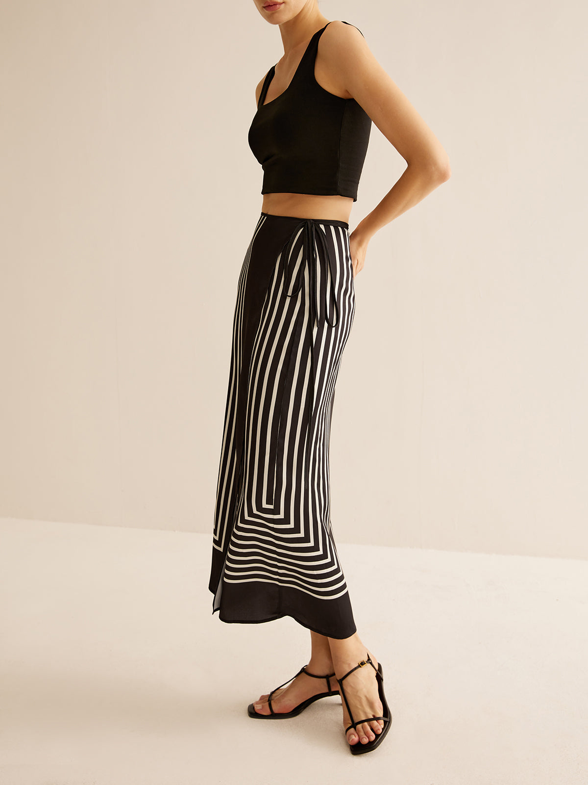 Geometric Pinstripe Satin Wrap Tie Skirt