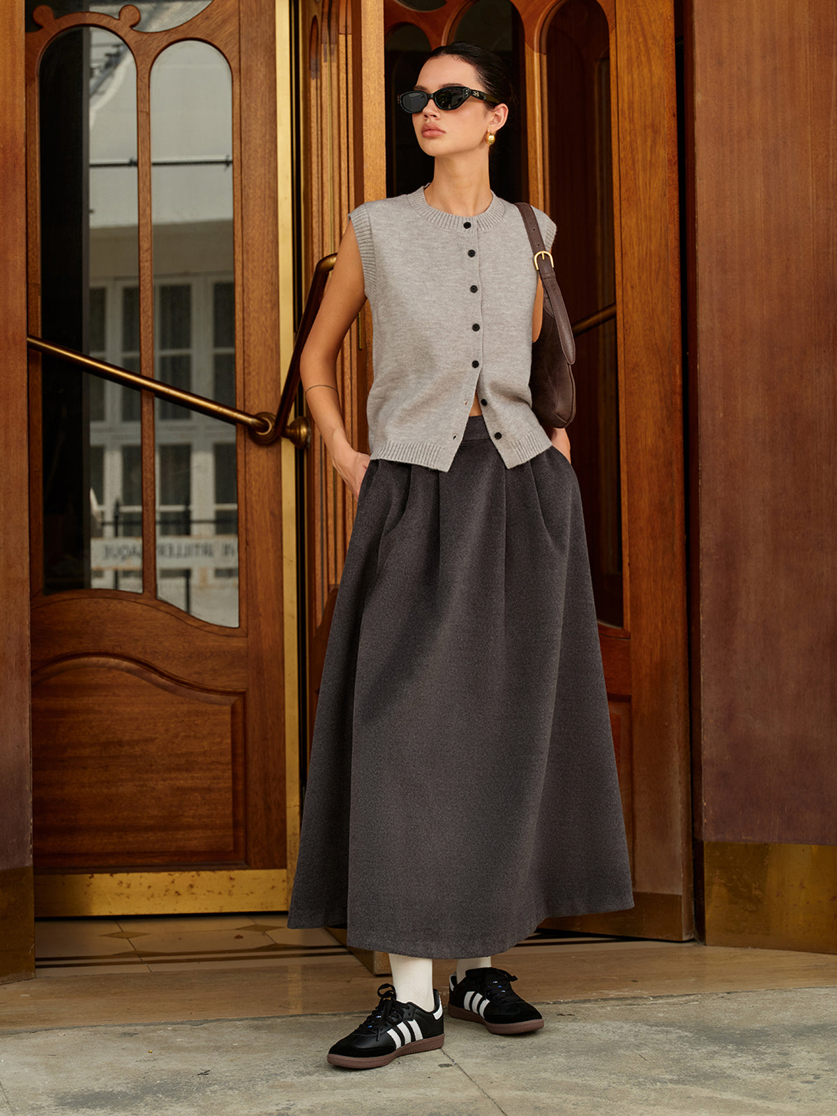 Wool-Blend Pockets Pleated Skirt