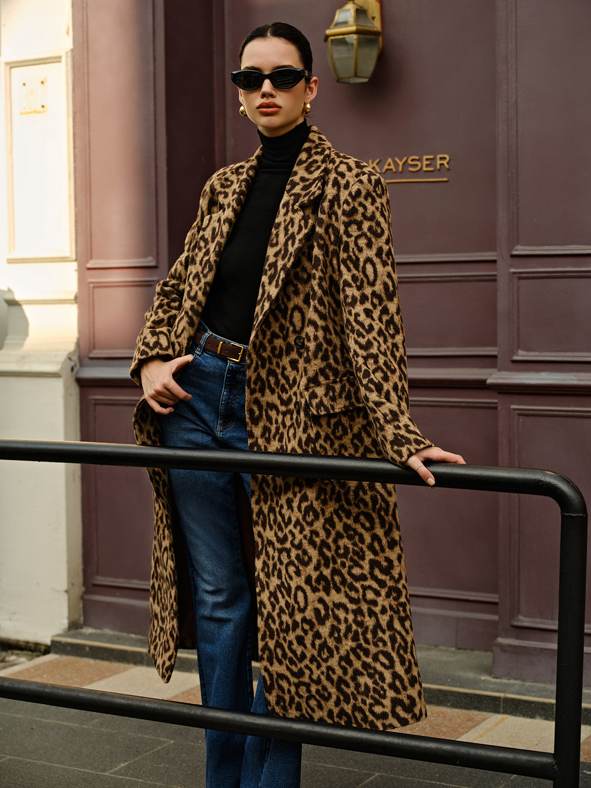 Leopard Pockets Long Wool Coat