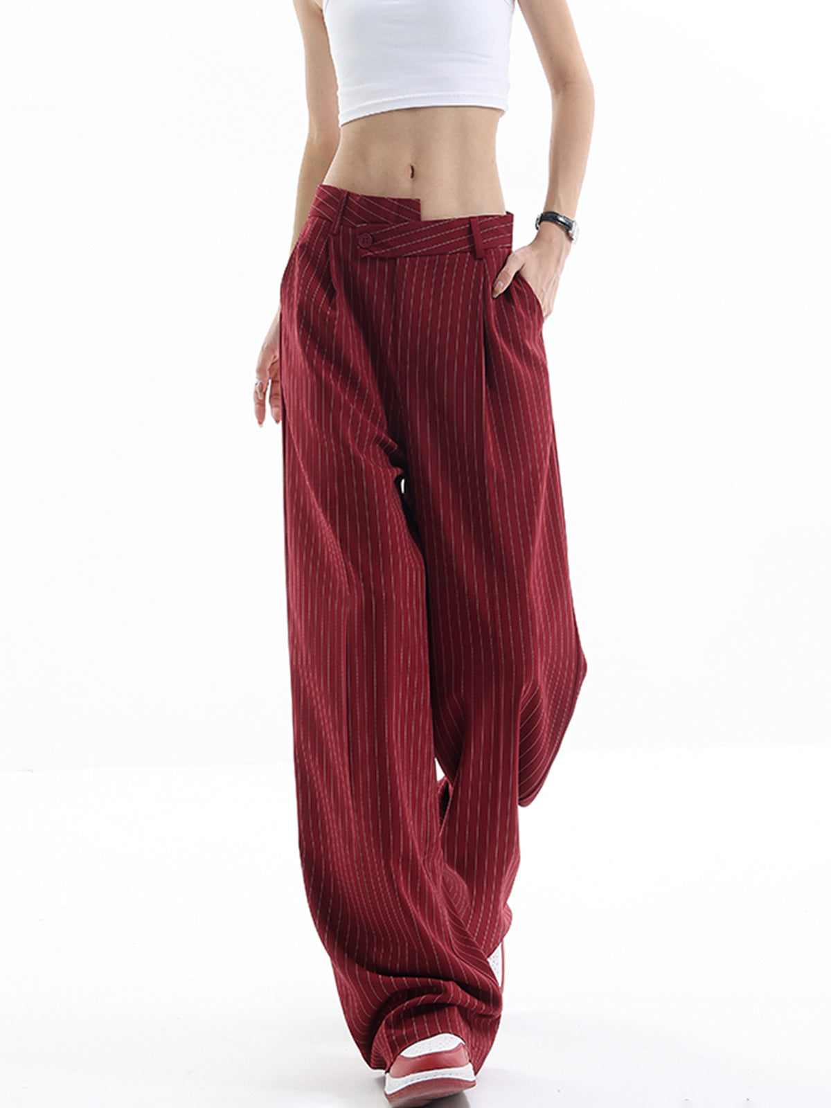 Asymmetrical High-Waist Pinstripe Pants