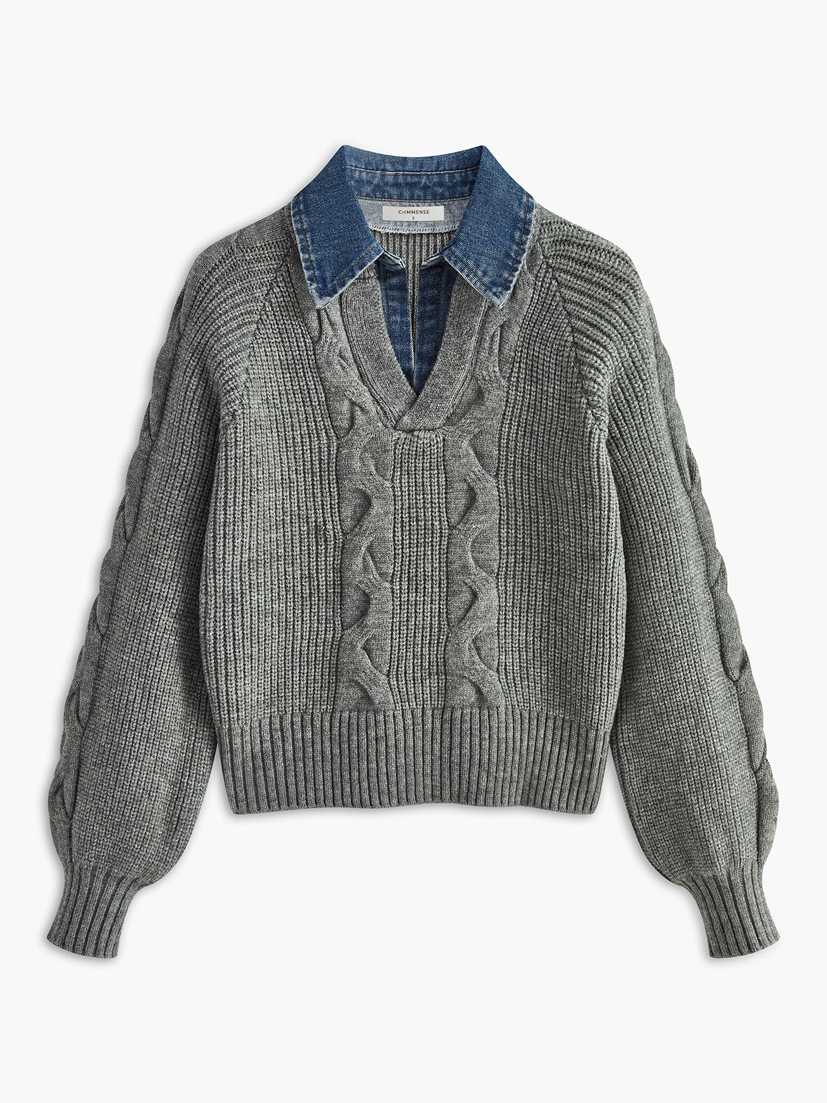 Denim Panel Ribbad Lapel Sweater