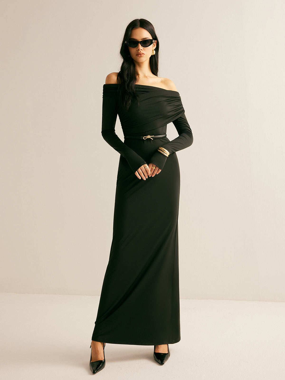 Modal Off-Shoulder Ruched Dress Without Belt