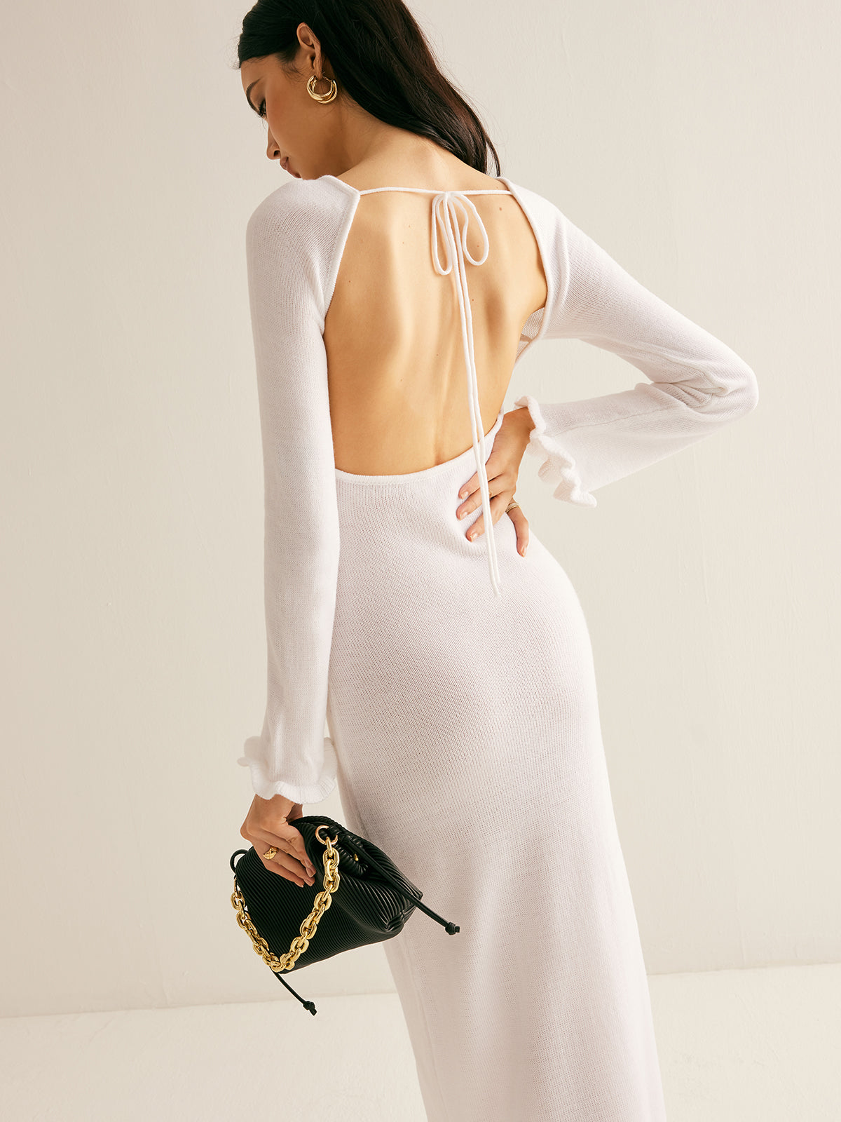 Lettuce Trim Backless Sweater Long Dress