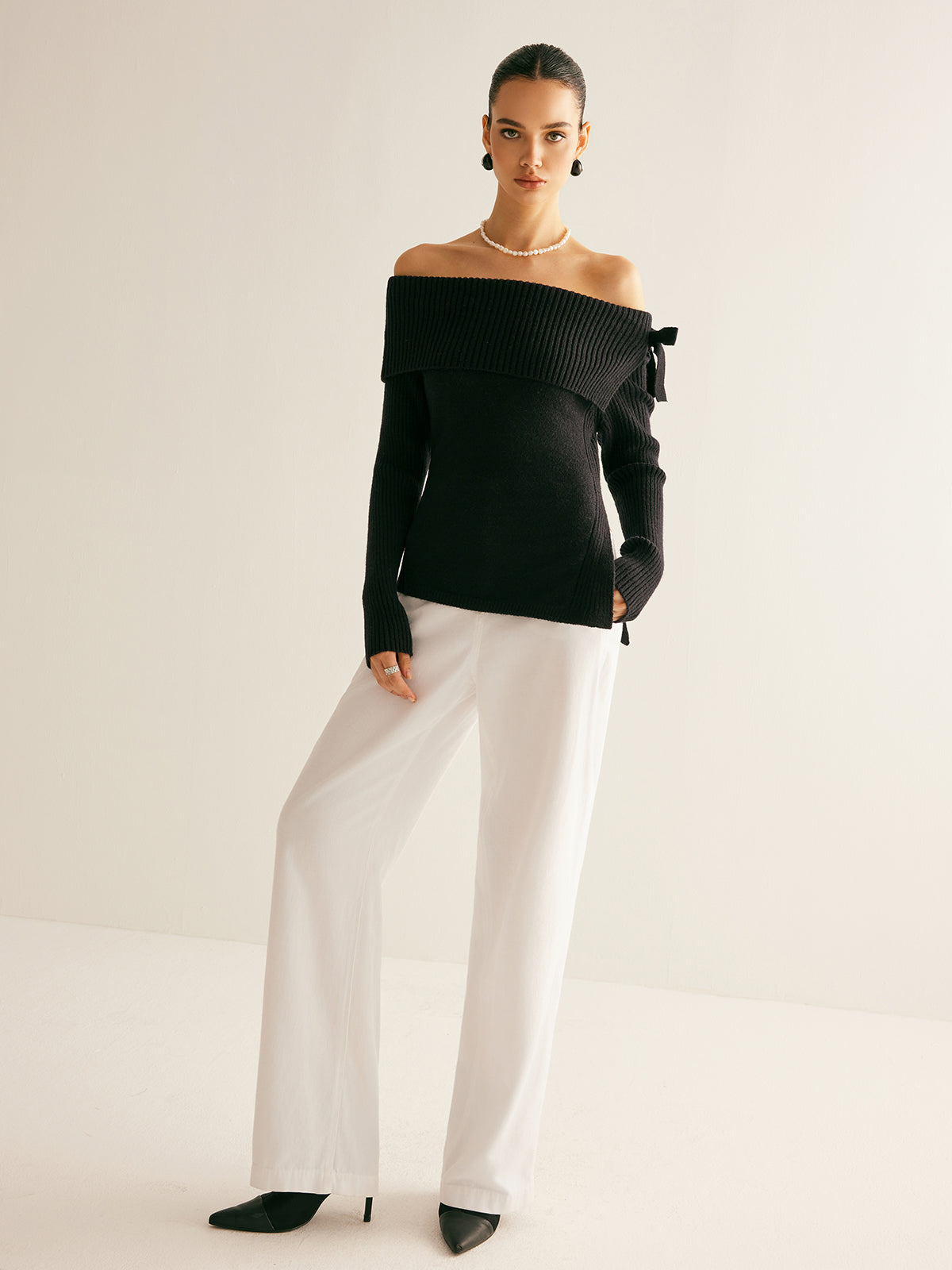 Off-Shoulder Ribbed Bow Slit Sweater