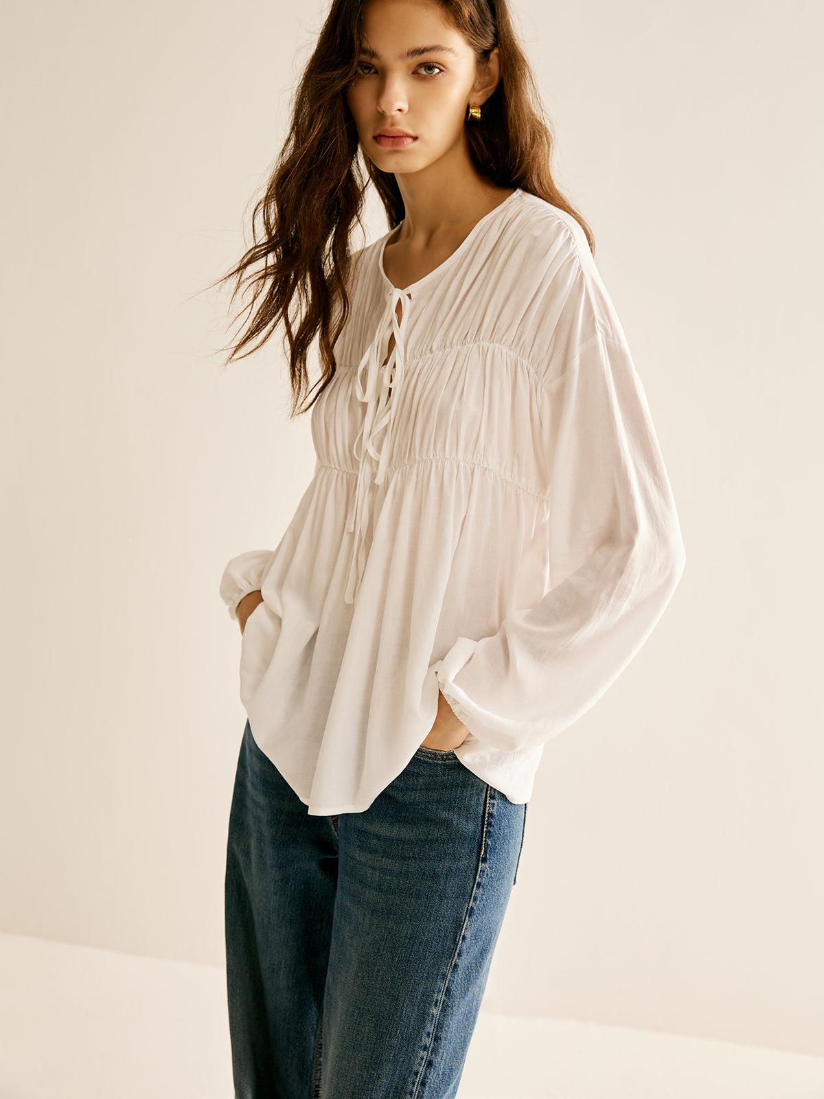 Tie-Front Pleated Blouse