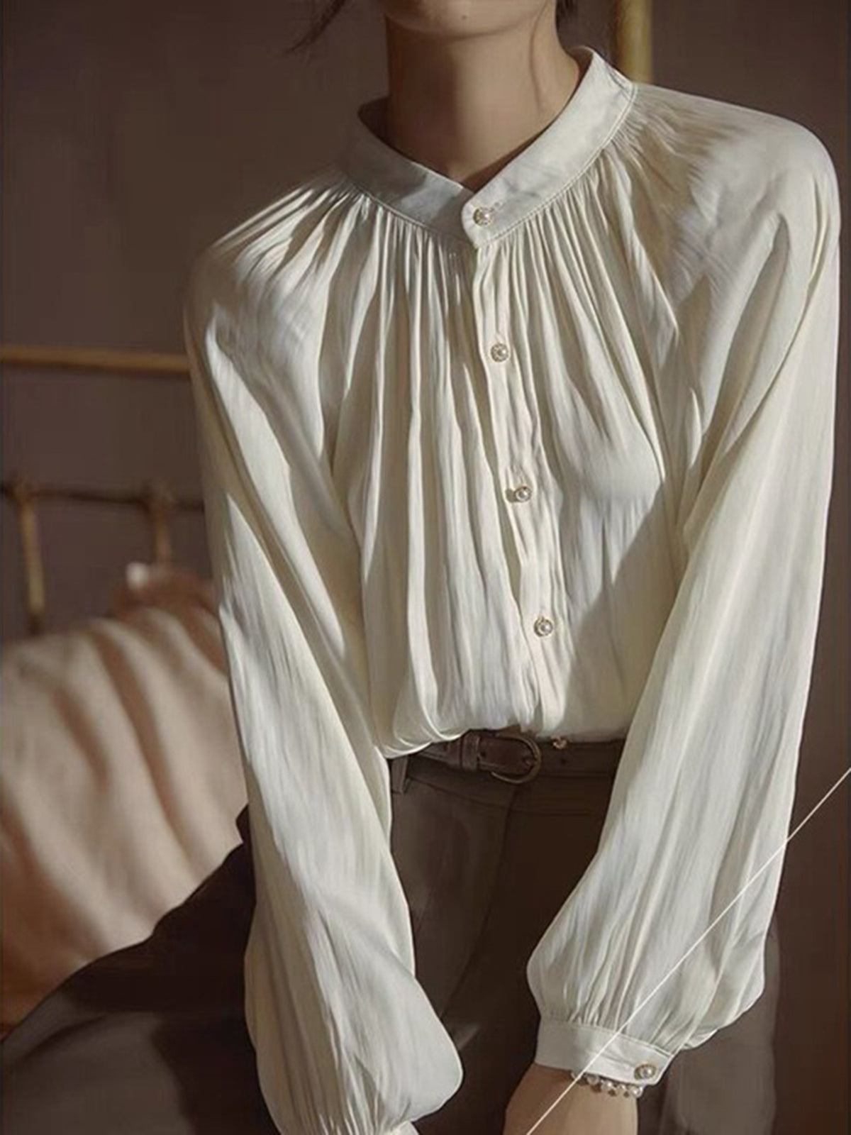 Pleated Collar Pearl Button Shirt