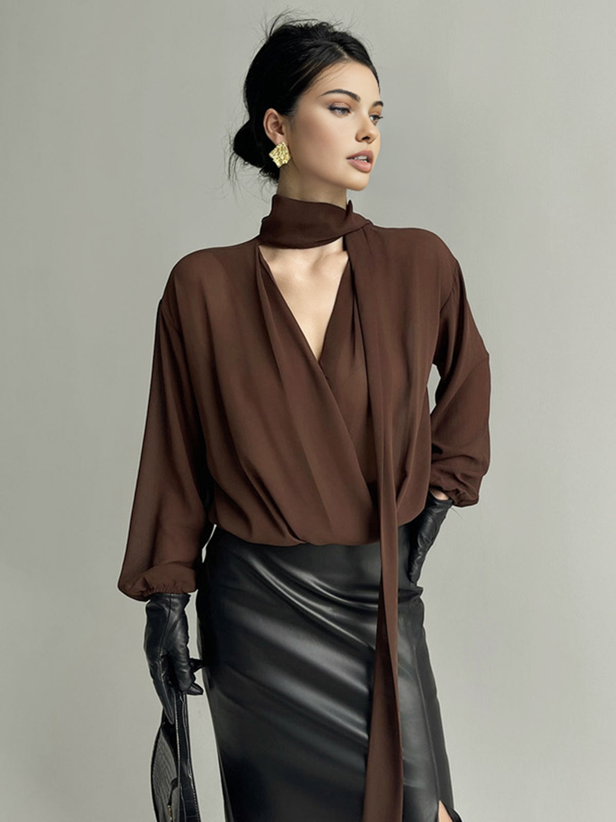 Pleated V-Neck Shirt With Scarf