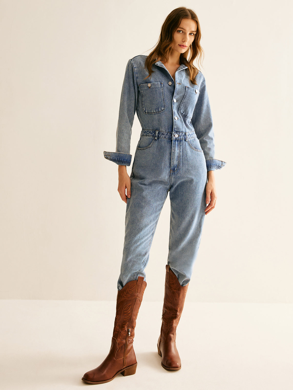 Cotton Long Sleeve Denim Jumpsuit Without Belt