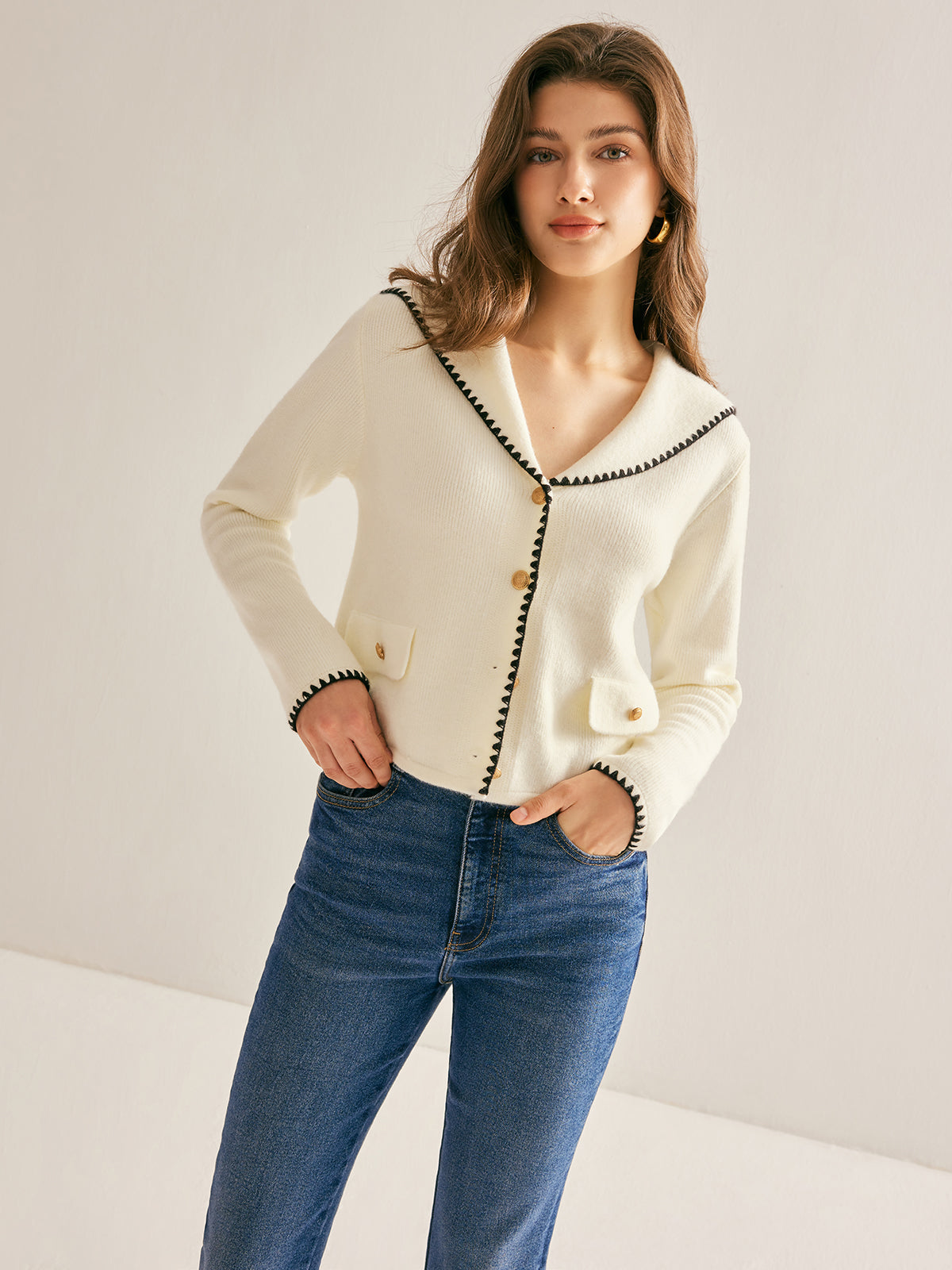 Sailor-Collar Contrast-Trim Button Cardigan