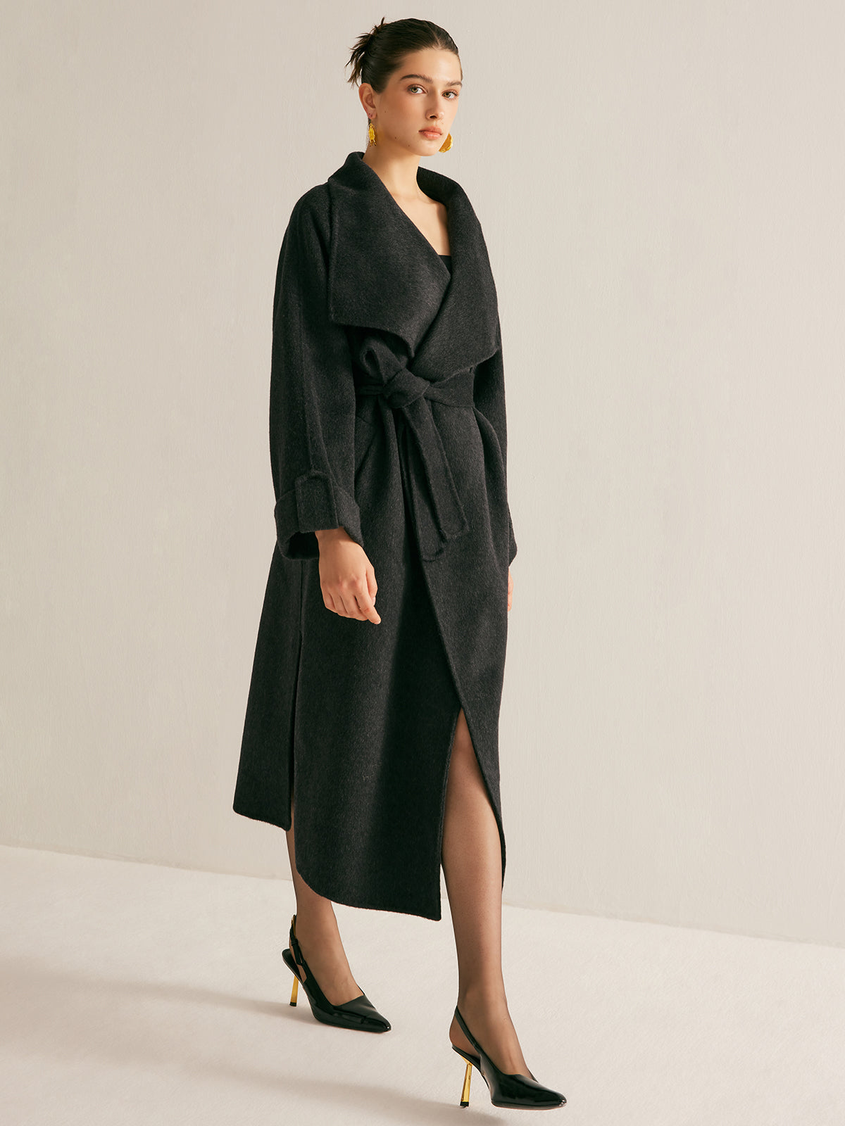 Large Collar Belted Wool Long Coat