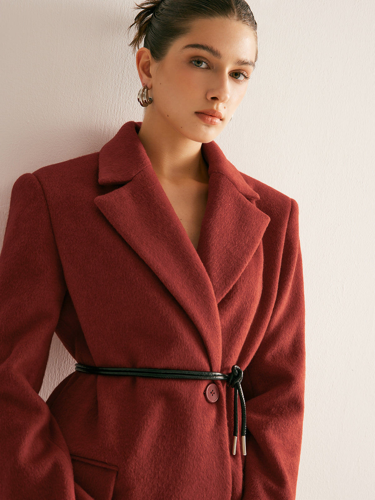 Wool-Blend Belted Blazer With Shoulder Pads