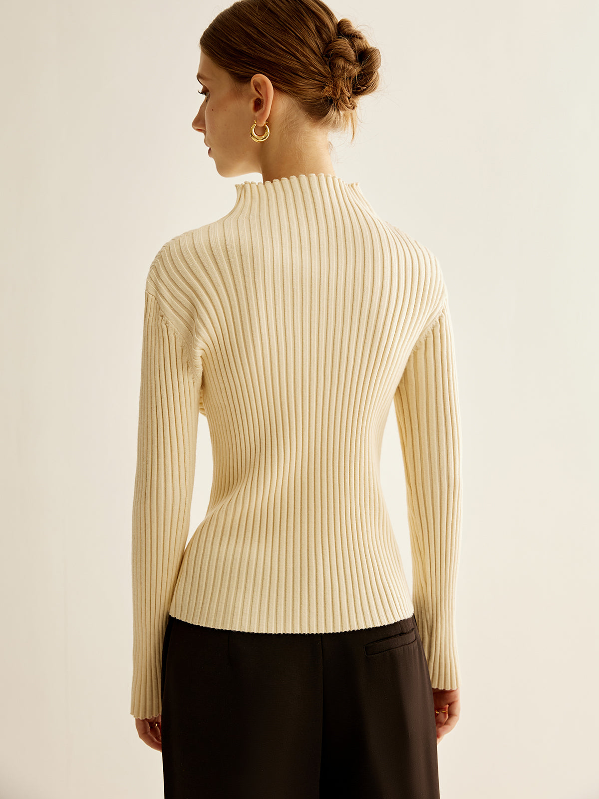 Mock-Neck Ribbed Cinched Sweater