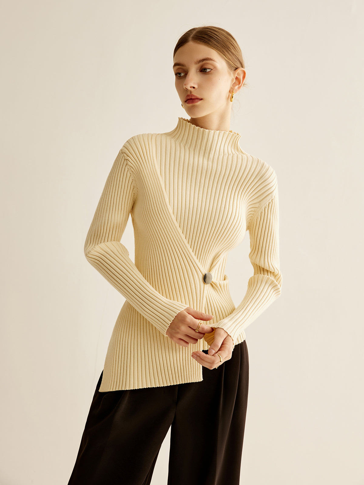 Mock-Neck Ribbed Cinched Sweater