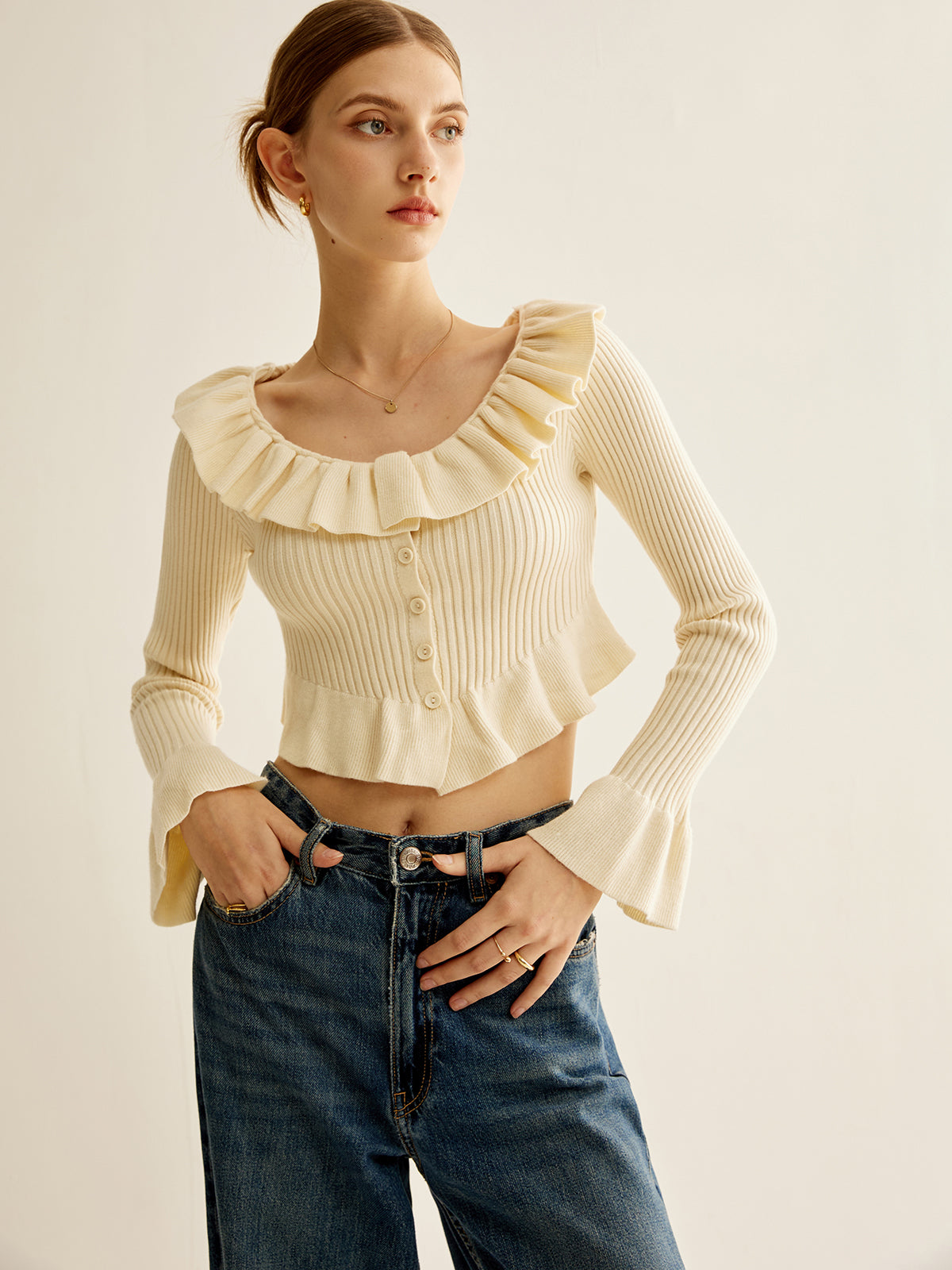 Ruffle Button Knit Top