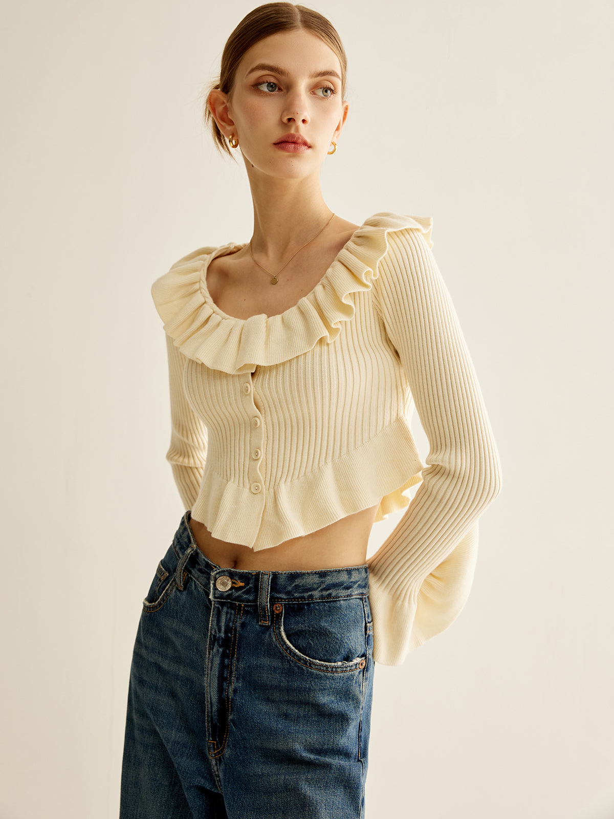 Ruffle Button Knit Top