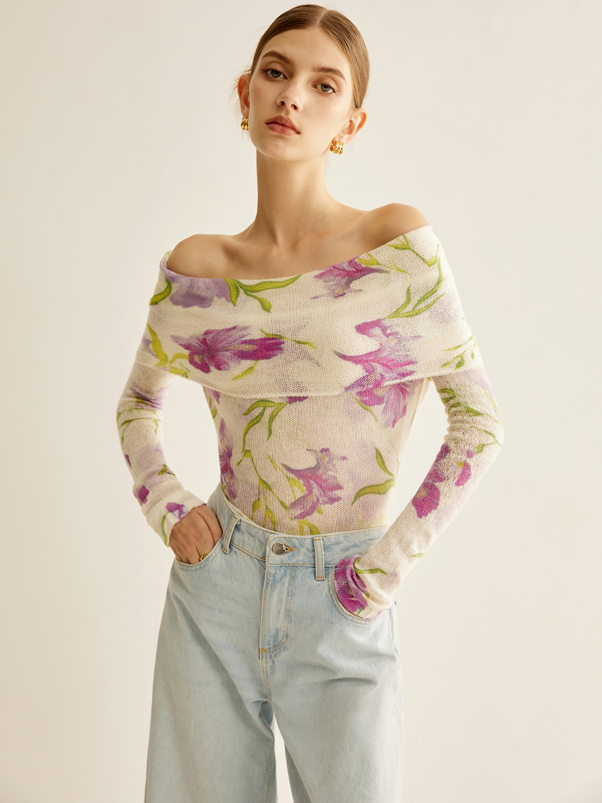 Romance Off-Shoulder Printed Knit Top