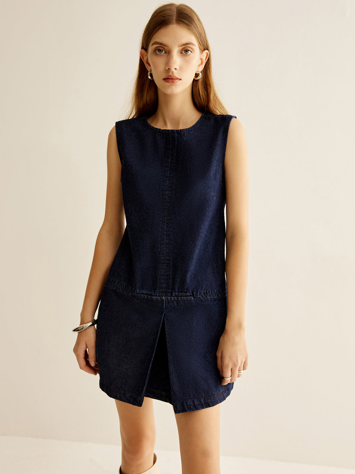 Crew Neck Sleeveless Denim Dress