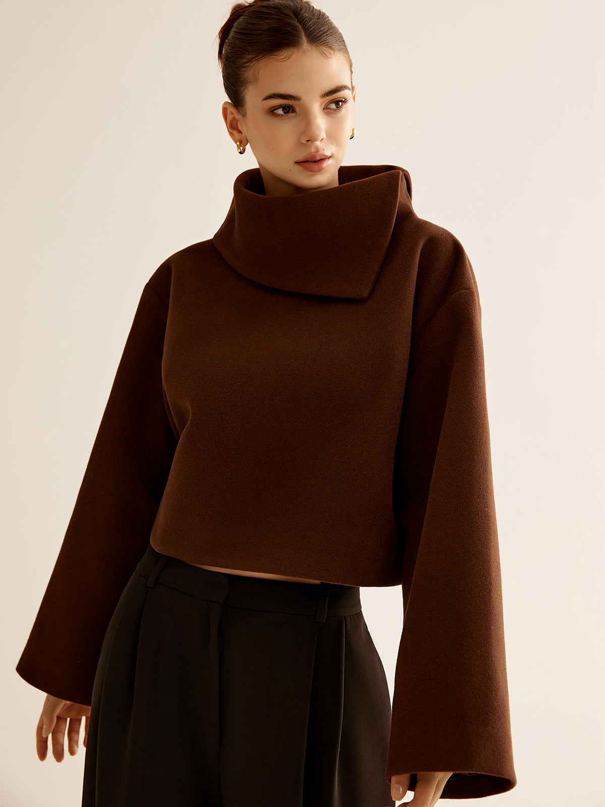 Plain Turtleneck Tweed Top