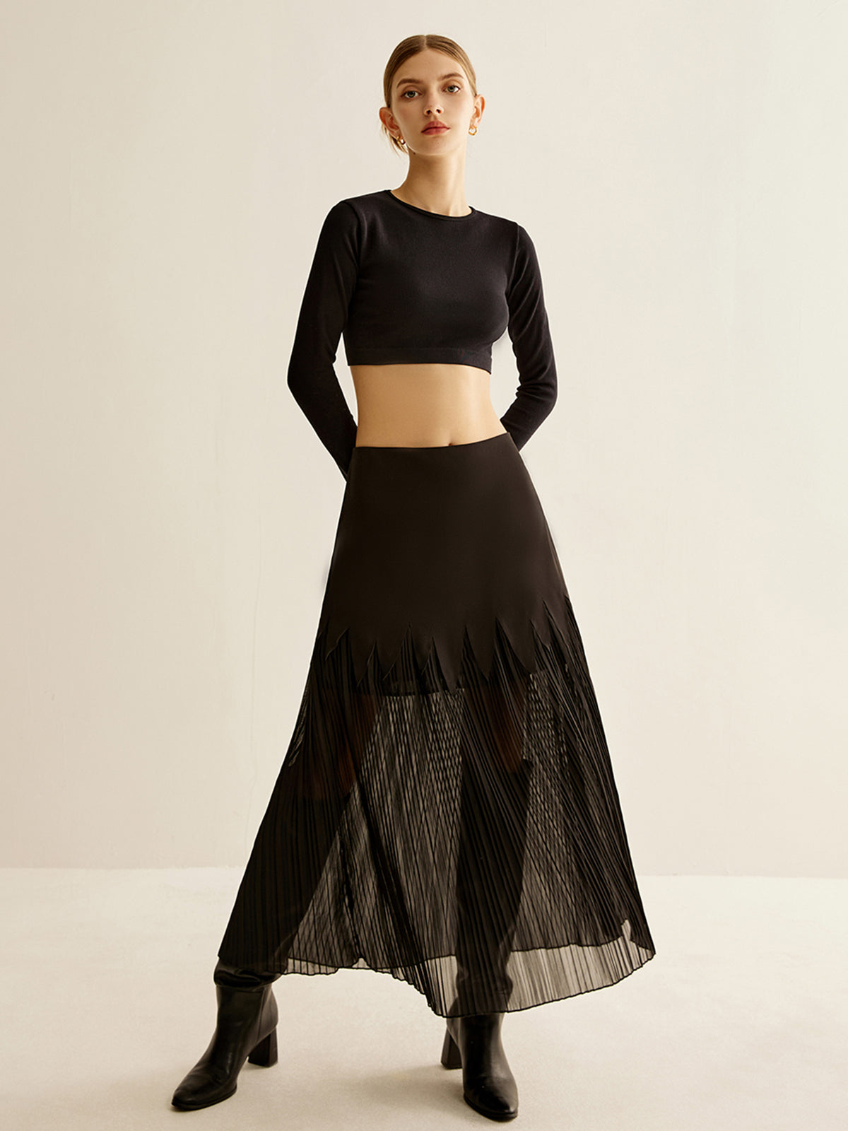 Panel Sheer Zipper Midi Skirt