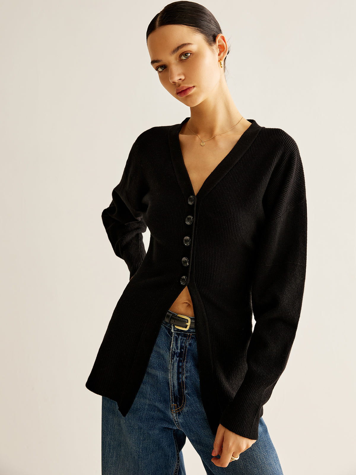 V-Neck Button Slit Cardigan