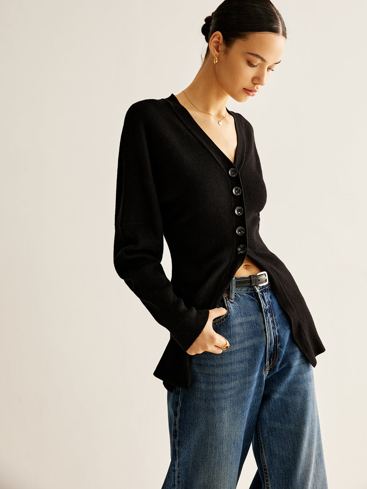 V-Neck Button Slit Cardigan