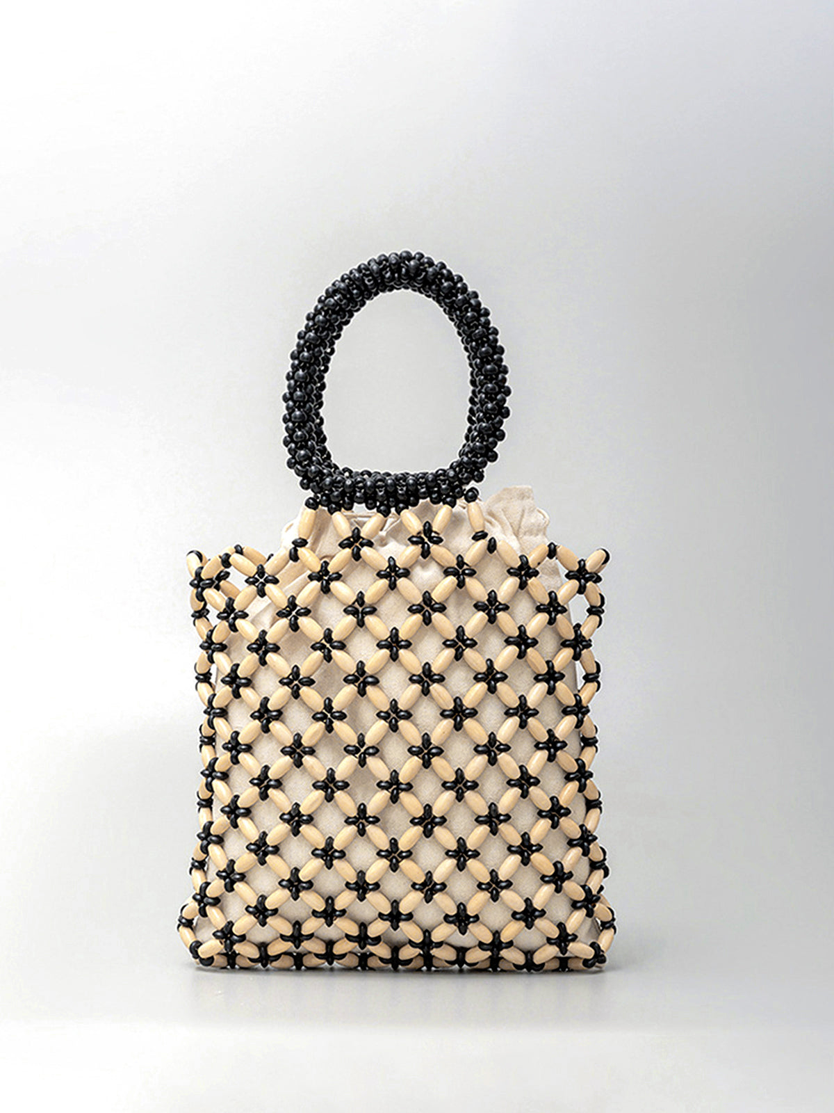 Contrast Binding Wood-Bead Woven Handbag