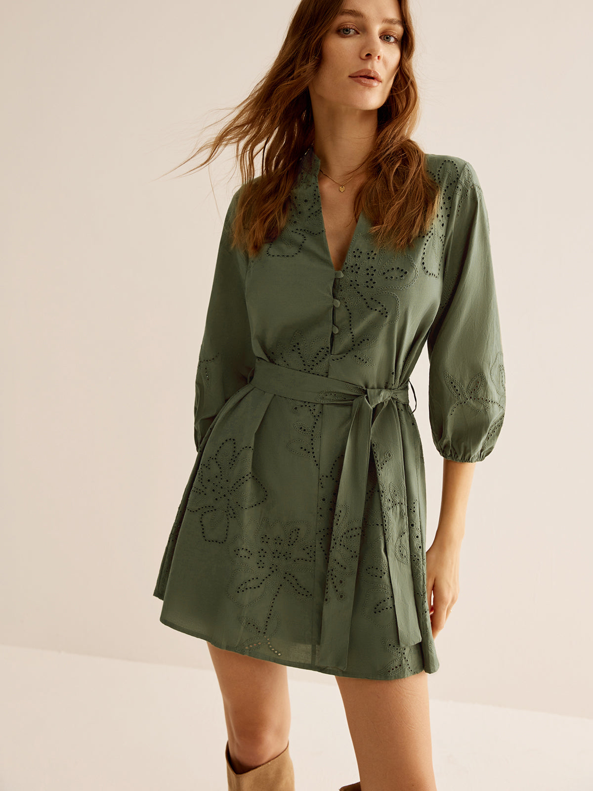 Cotton Boheme Embroidery Belted Dress