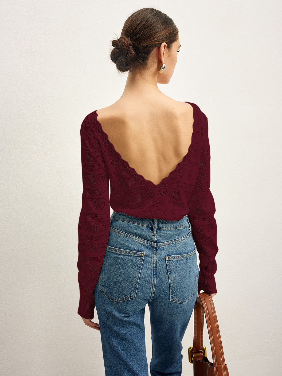 Sallad Trim Backless Pointelle Stickad Topp