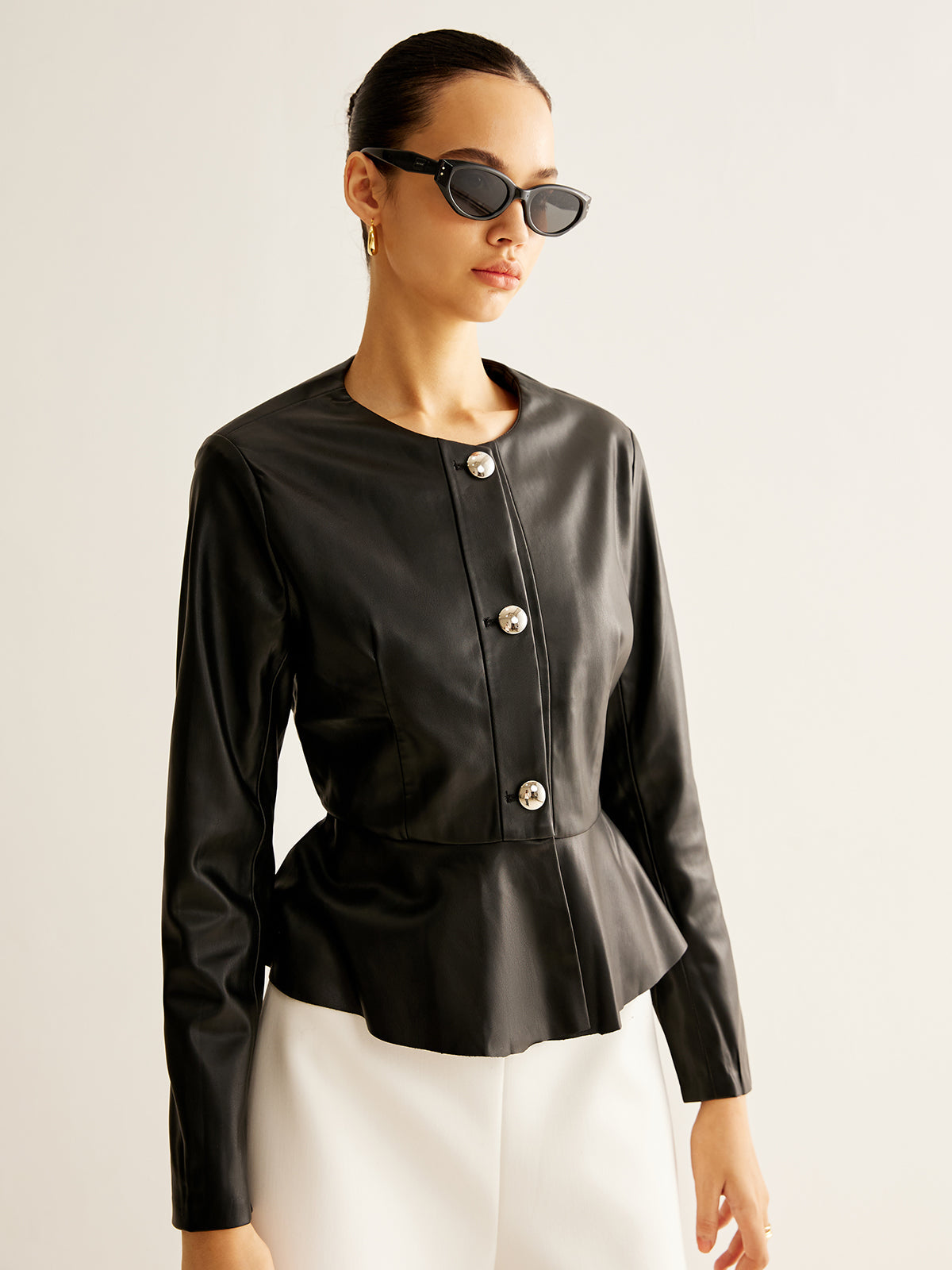 Breasted Ruffle Faux Leather Jacket