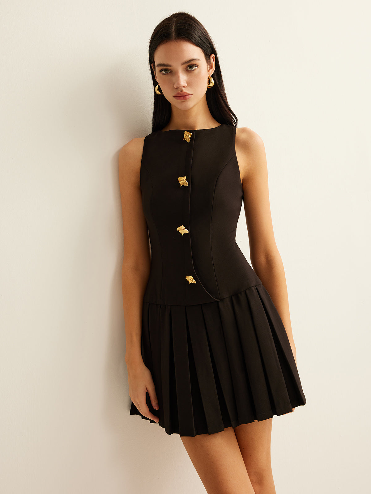 Metal-Button Pleated Tank Dress