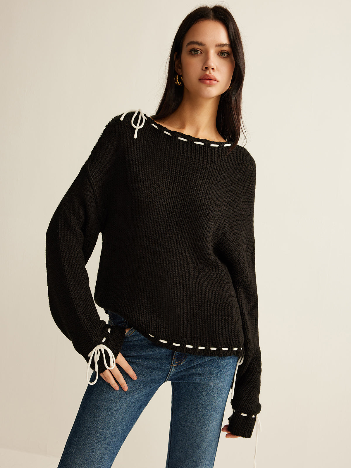 Contrast Trim Drawstring Sweater