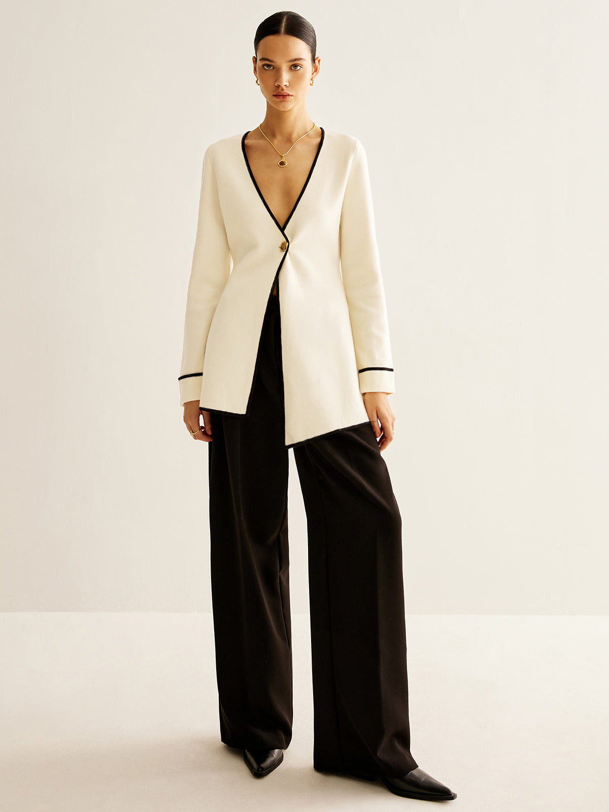 Wool-Blend Contrast Trim Slit Cardigan