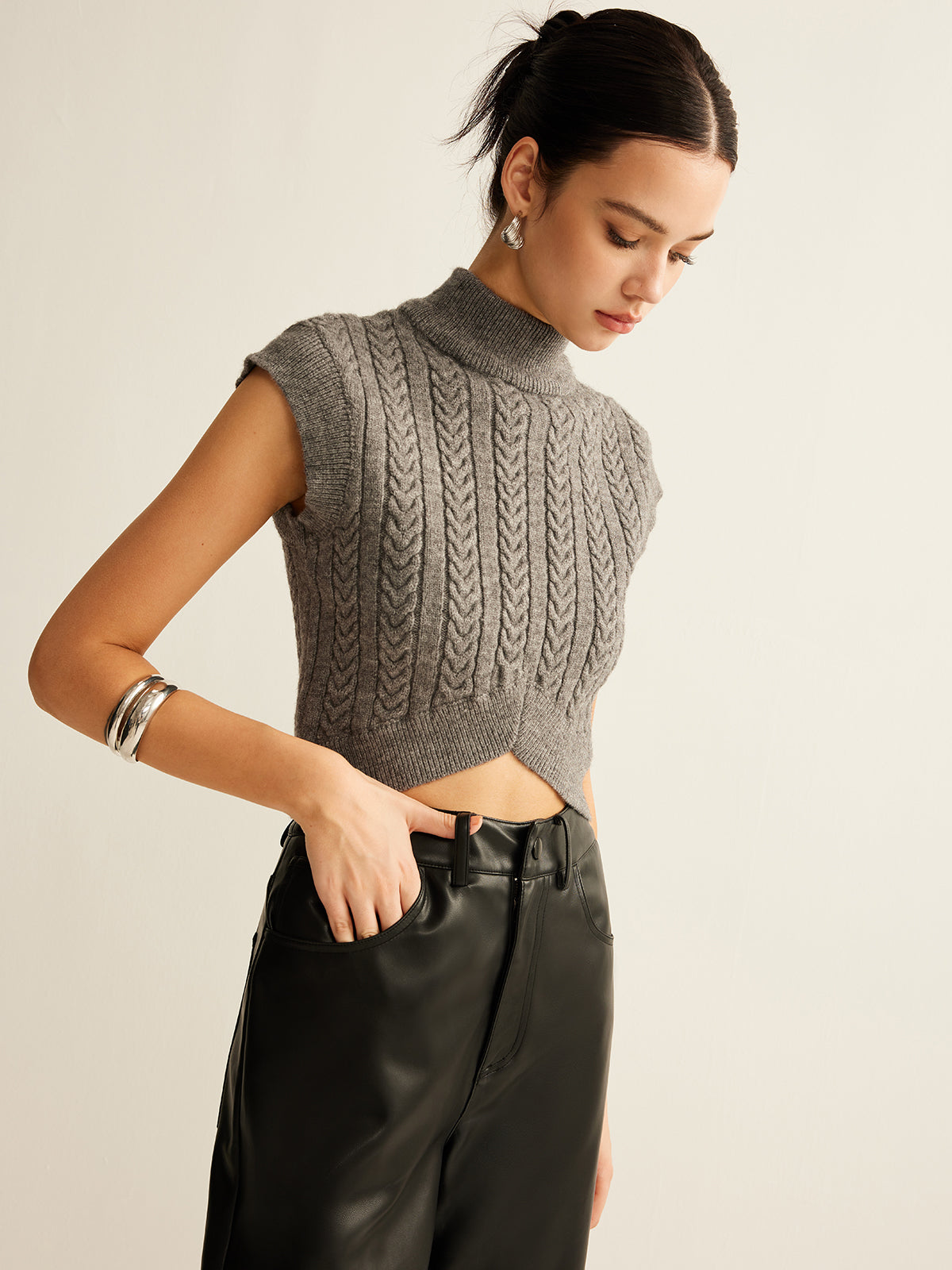 Cable-Knit Mock Neck Crop Sweater Vest