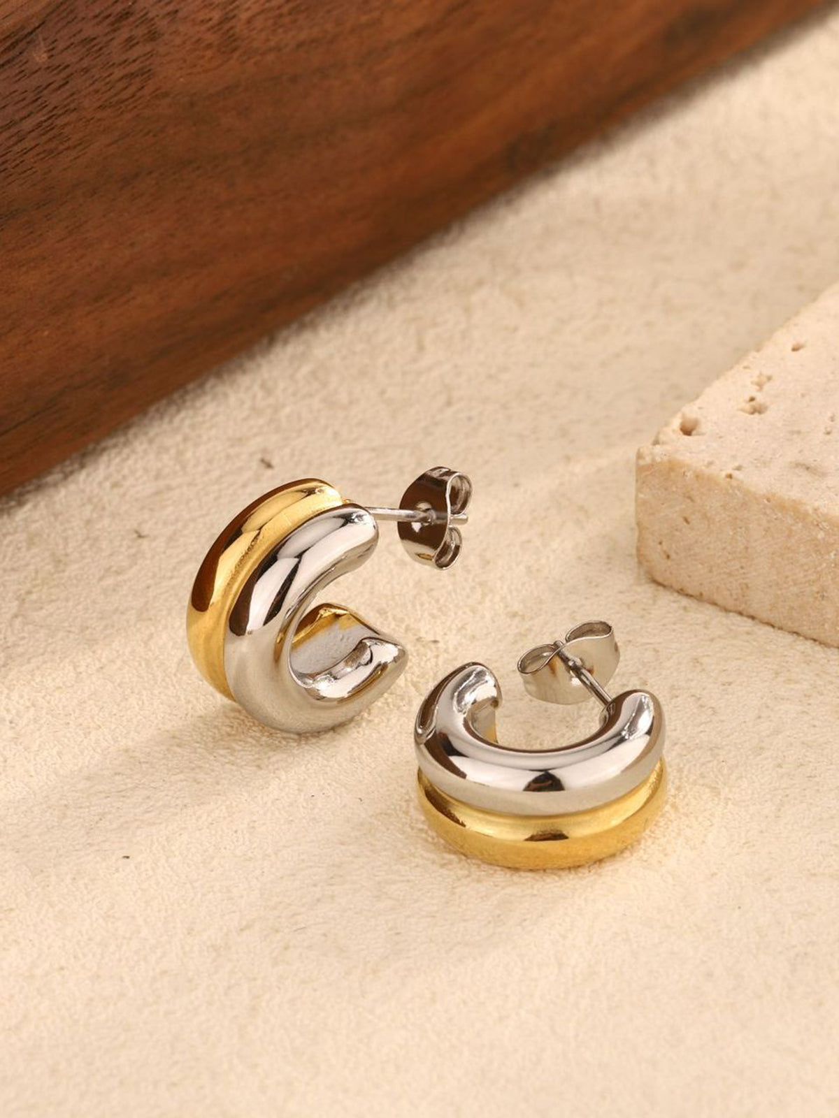 Two-Tone C-Shape Stud Hoop Earrings