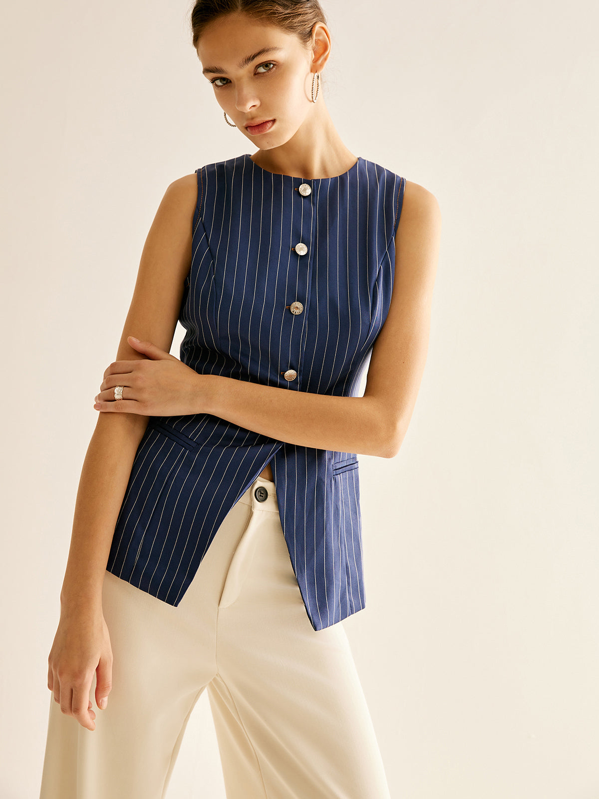 Pinstripe Button Sleeveless Shirt