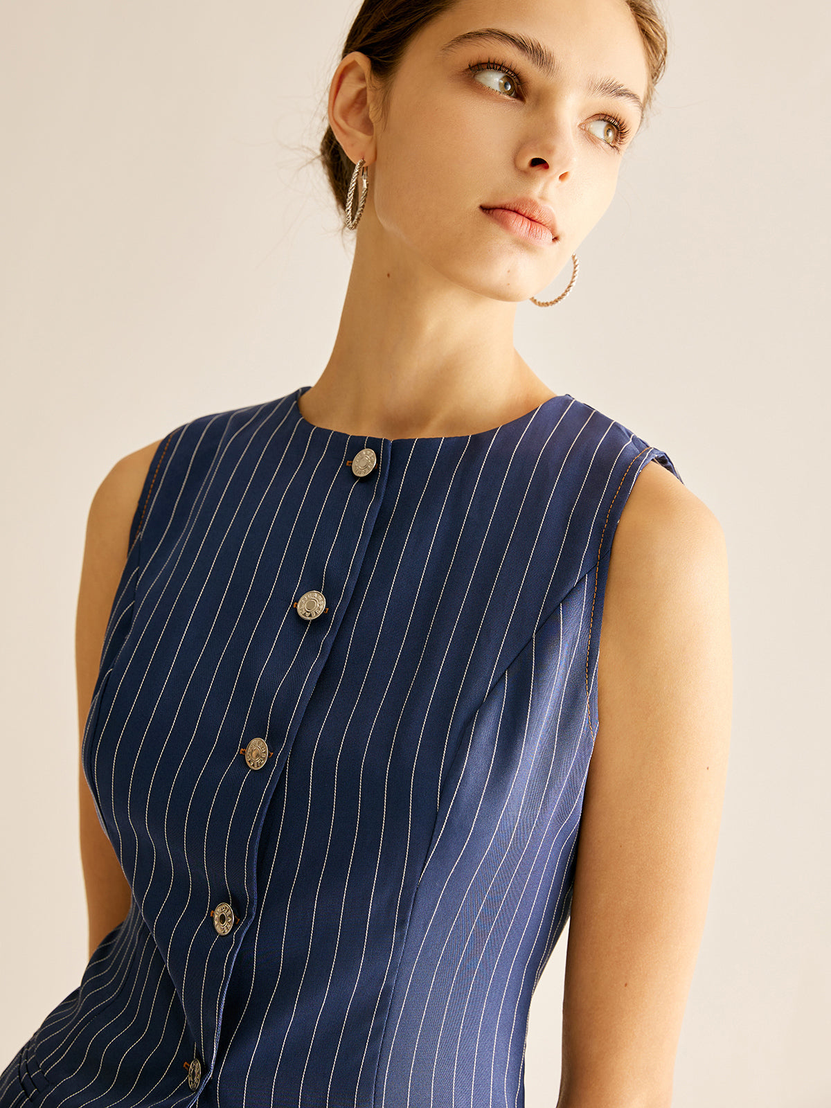 Pinstripe Button Sleeveless Shirt