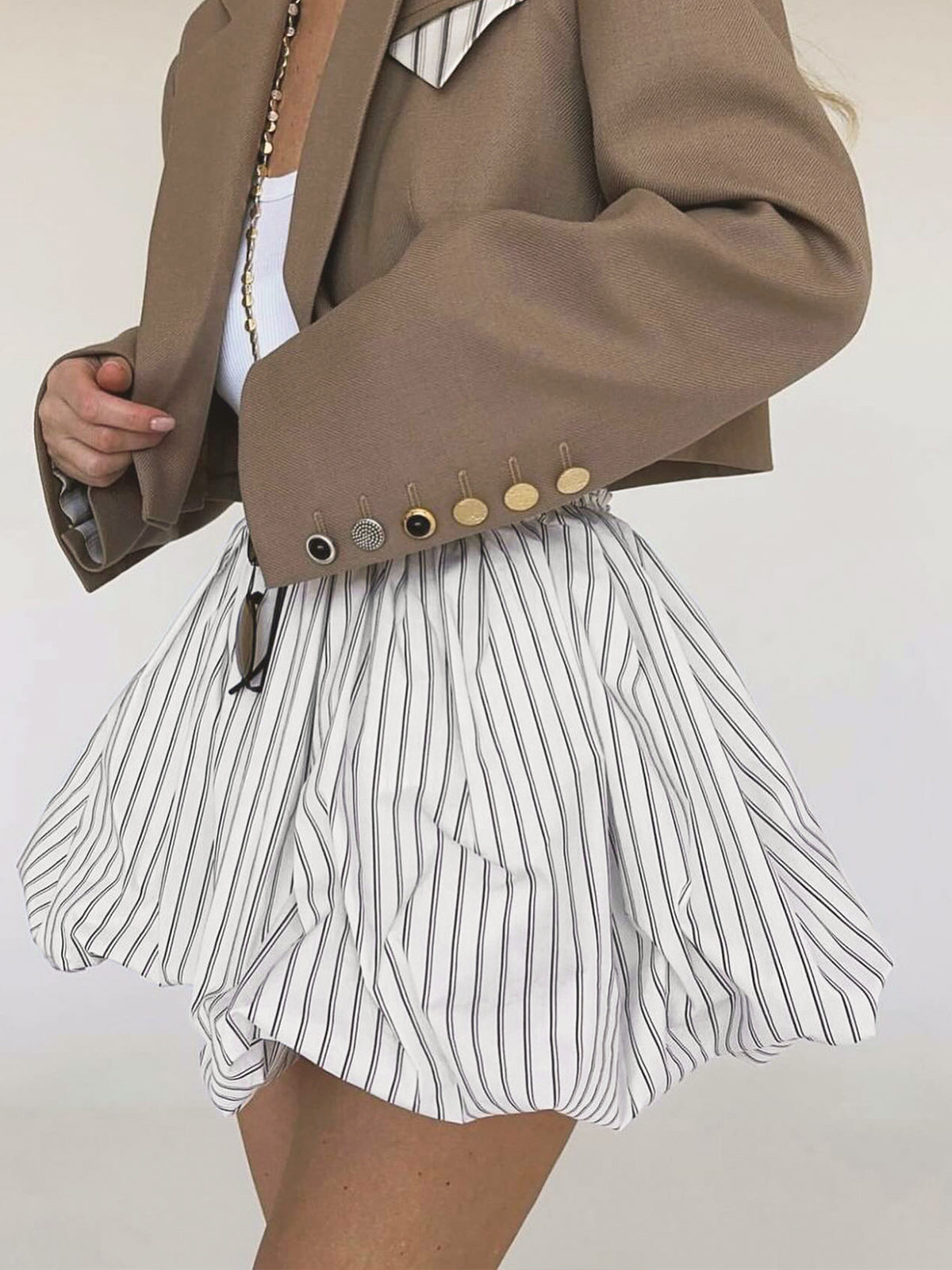 Pinstripe Elastic Waist Bubble Skirt