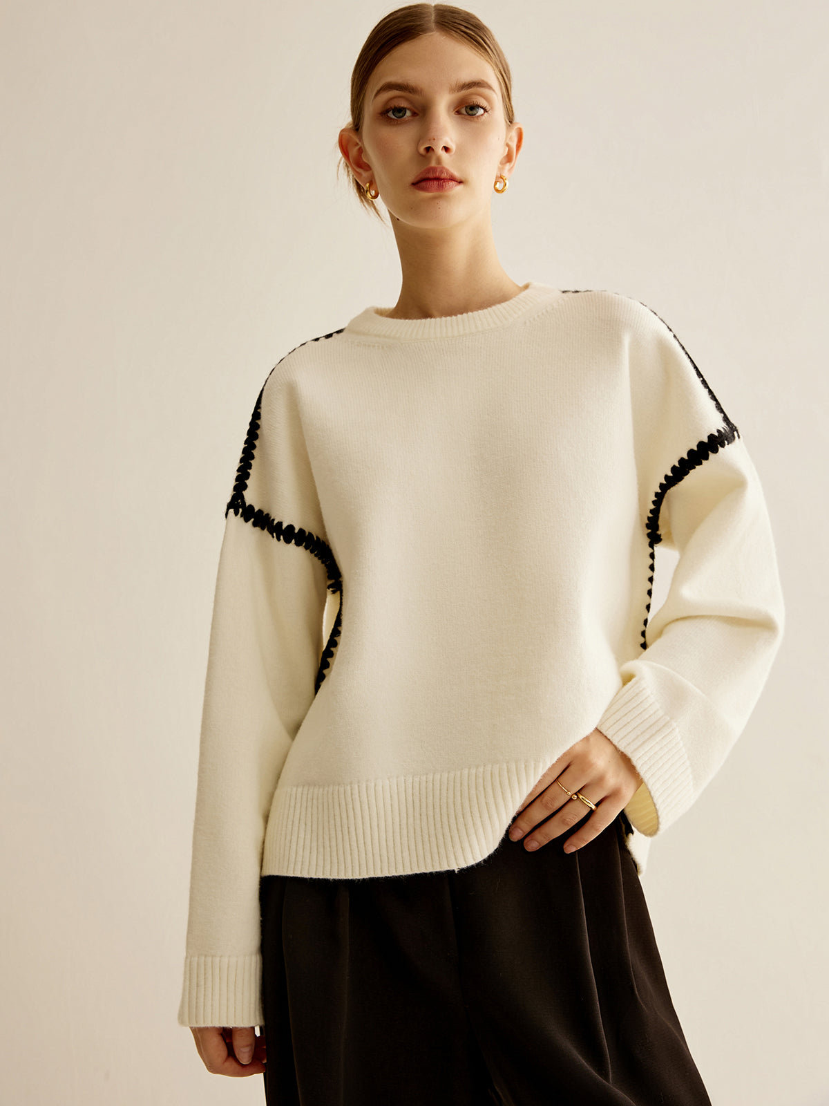 Minimalist Embroidered Trim Sweater